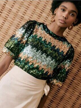 Sezane Meline Sequin Top 34 2 Blue Green 80s Striped Short Sleeve Cocktail Party